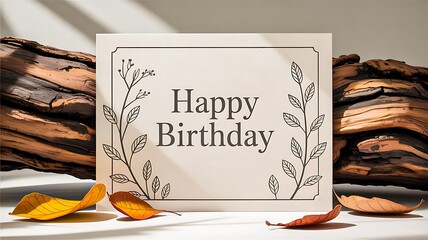 Happy birthday greeting card with autumn leaves and wooden background