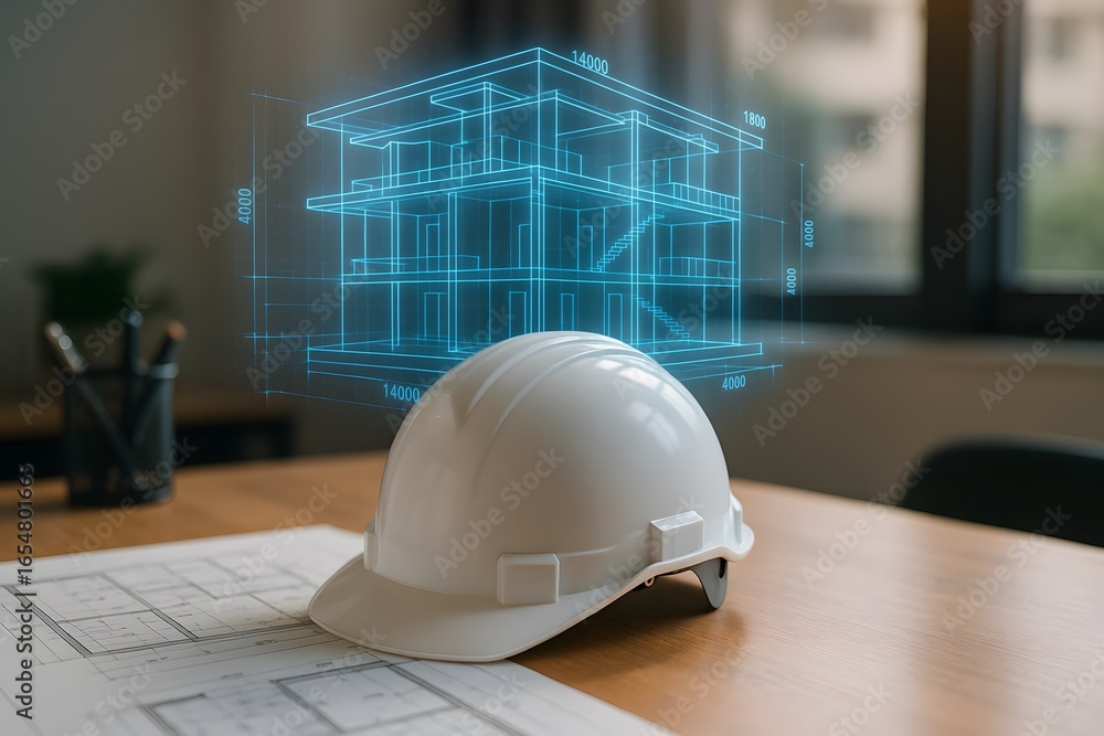 Poster a construction helmet rests on a blueprint with a projected building structure in the background, sy