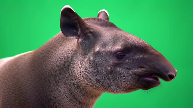 South American Tapir Profile on Green Screen: Isolated Studio Close-up of Unique Mammal's Head and Snout for Design and Education