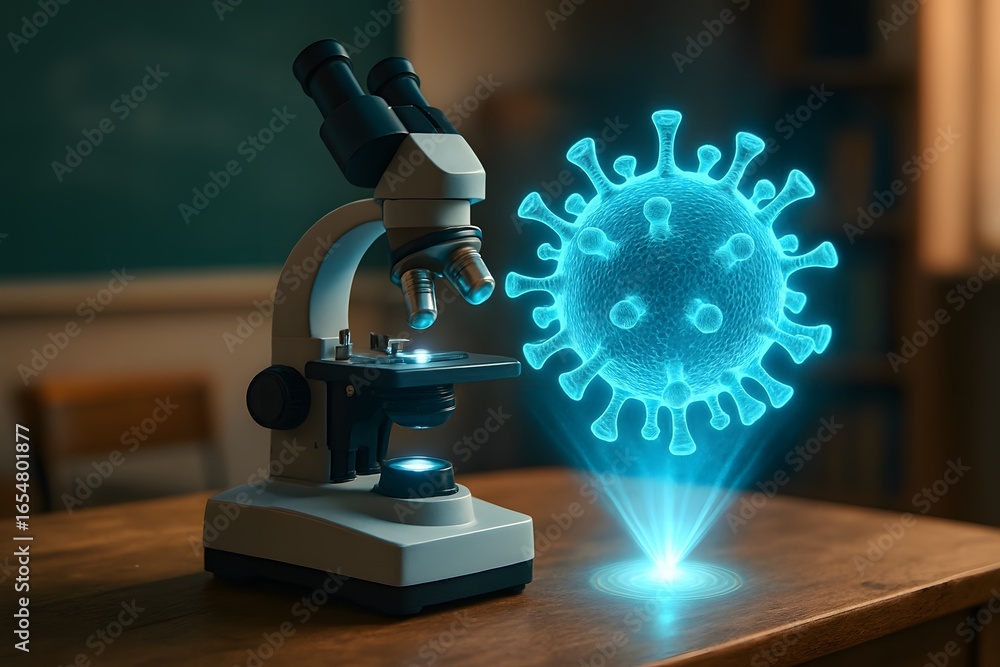 Poster microscope examining a virus in the lab.