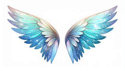 Obraz premium A pair of ethereal wings, adorned with shimmering, light blue and pastel colors, radiate an enchanting, celestial aura.