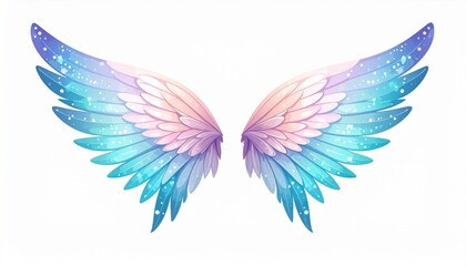 Obraz premium A pair of vibrant, multicolored angel wings with speckled feathers, set against a plain white background, evokes a sense of magic and fantasy.