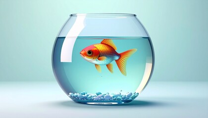 A peaceful gold fish swims in a round glass fishbowl against a light teal backdrop, showcasing a serene and tranquil scene.