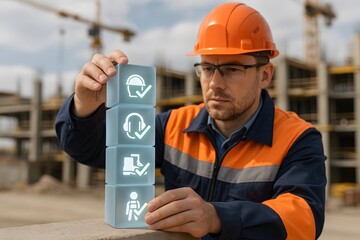 A construction worker thoughtfully placing cubes with safety icons, symbolizing workplace safety. 