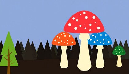 Three colorful mushrooms stand out against a backdrop of dark forest trees.