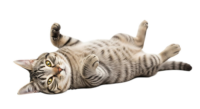 Cute tabby cat lying on its back isolated on transparent background