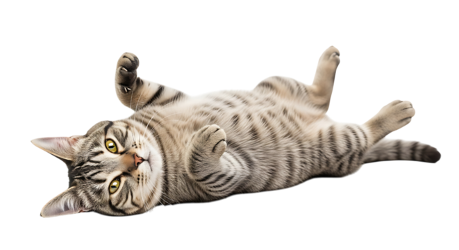 Cute tabby cat lying on its back isolated on transparent background