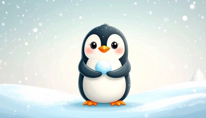 A charming cartoon penguin holds a snowball in a snowy winter scene.