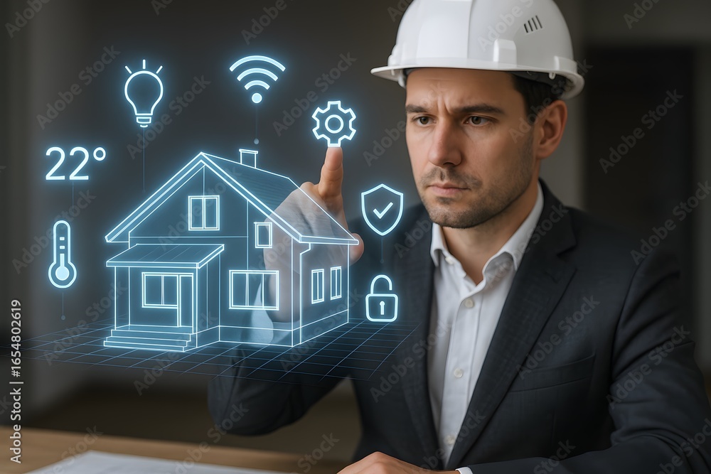 Poster an architect controlling smart home features in a modern building.
