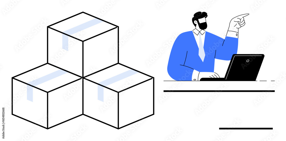 Poster worker pointing while using a laptop next to a stack of three packaged boxes. ideal for logistics, s
