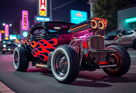 Fototapeta Chrome engine, flame decals, whitewalls, neon street, hot rod, night,  decals,  asphalt