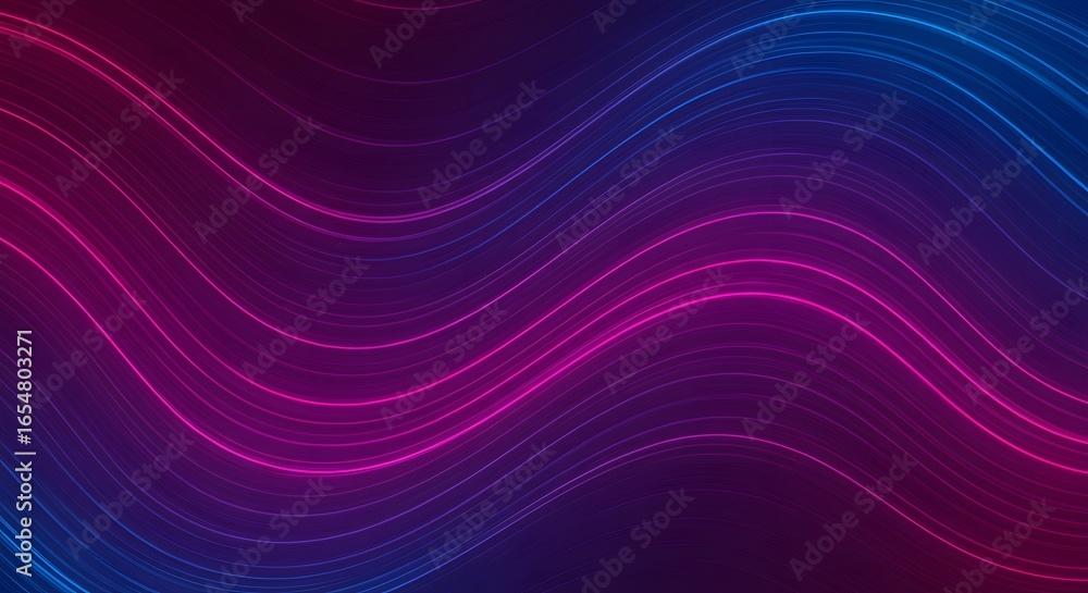 Poster abstract background with glowing lines in shades of blue and pink creating a wave pattern