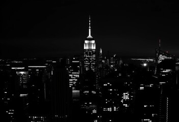 Dramatic black and white silhouettes of NYC skyscrapers at night, concrete jungle, dark