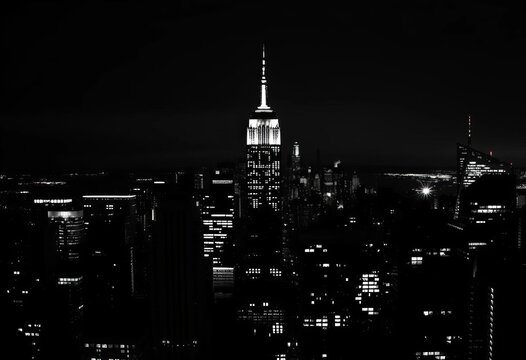 Fototapeta Dramatic black and white silhouettes of NYC skyscrapers at night, concrete jungle, dark