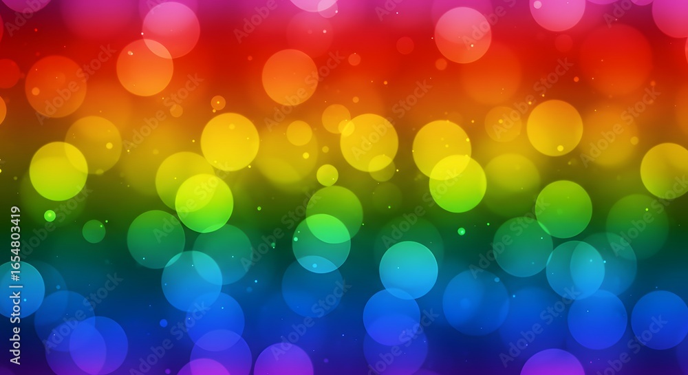 Poster a vibrant rainbow gradient background with bokeh effect and sparkling light particles scattered arou