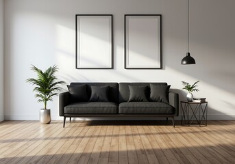 Elegant Living Room Interior Design with Modern Black Sofa and Minimalist Decor Perfect for Relaxation and Style