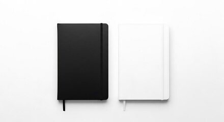 Minimalist black and white notebooks with elastic bands on a clean white background