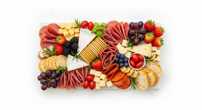 Charcuterie board with assorted cheese cured meat cracker bread grape strawberry blueberry blackberry tomato and fresh herb arranged on white marble festive and inviting