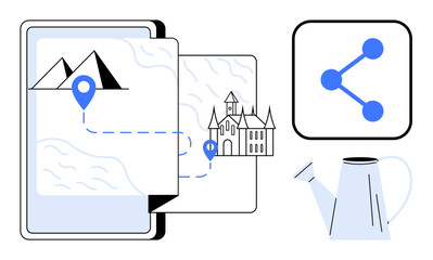 Map with location pins illustrating travel routes, historic building, social share icon, and watering can. Ideal for travel, exploration, connectivity, tourism, guidance planning simple landing