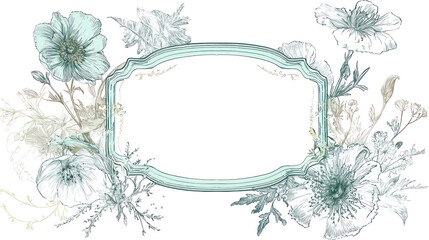 Pastel floral label frame with mint green vines and elegant flowers on transparent background