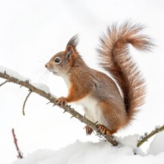 Obraz premium Red Squirrel on Snowy Branch, Wildlife , Winter