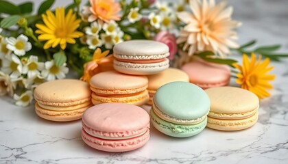 Fototapeta premium Pastel-colored macarons arranged on a marble surface, with fresh flowers, pretty, candy