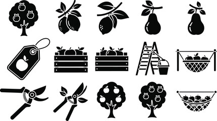 Harvest season orchard icons perfect for promoting fresh fruit products