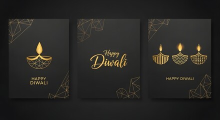 Set of three diwali greeting cards with golden diya lamps and decorative elements on a black background, celebrating the festival of lights with traditional motifs and modern design