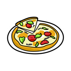 sliced whole pizza cartoon on a plate