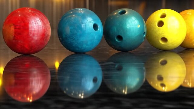 Colorful Bowling Balls' Reflection: a dynamic shot of multicolored bowling balls, arranged in a row, reflecting in a dark shiny surface, presenting the perfect visual harmony and appeal to the eye.
