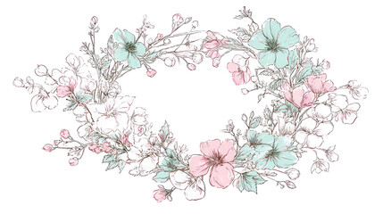 Pastel flower wreath with mint green foliage in delicate style on transparent background