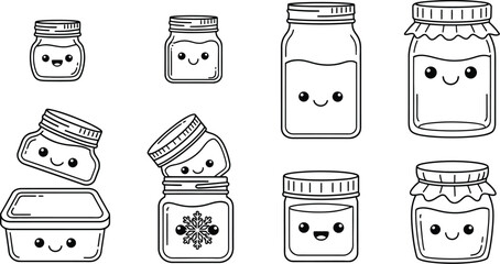 Cute cartoon food jars with smiling faces, perfect for designs and crafts