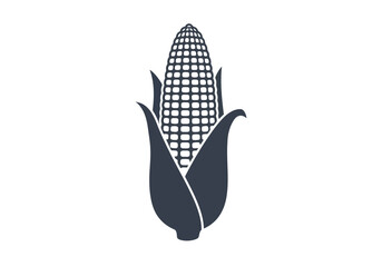 A stylized dark blue silhouette of a corn cob with leaves, isolated on a white background