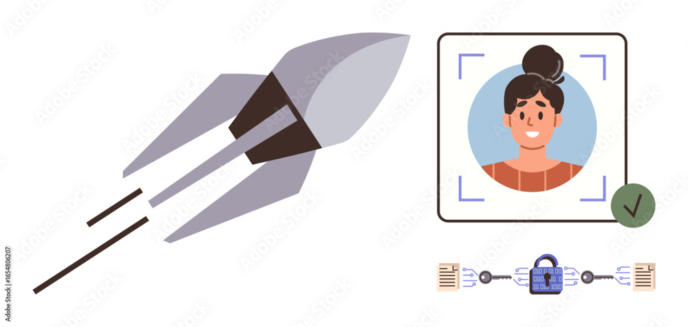 Poster rocket symbolizes speed, innovation biometric face scan and blockchain depict security, authenticati
