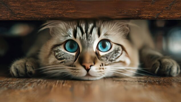 Curious cat peeking from under table