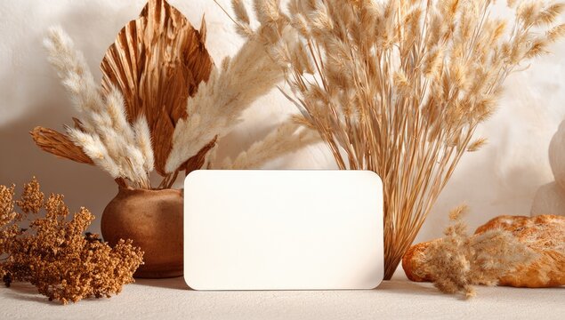 Blank business card surrounded by dried plants