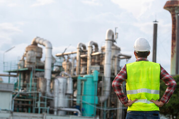 Engineer at the Plant: An engineer, clad in a safety vest and hard hat, stands proudly overseeing a...