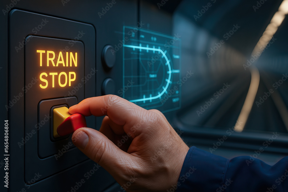Poster train stop button pressed by hand inside subway tunnel with futuristic digital interface showing tra