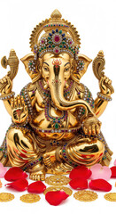Fototapeta premium Golden Ganesha statue adorned with colorful gemstones, sitting with one hand raised in blessing, surrounded by red rose petals and gold coins, symbolizing prosperity and spirituality