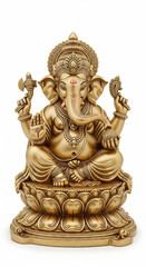 Golden Ganesha statue sitting on lotus base, detailed craftsmanship, four arms holding symbolic objects, serene expression, traditional Hindu religious art, spiritual decor