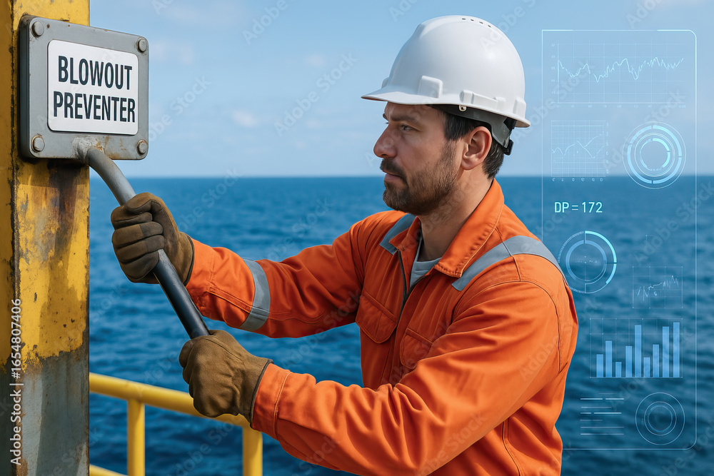 Poster oil rig worker operating blowout preventer valve on offshore platform with ocean background and digi