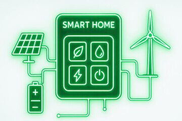 Smart home energy management system with solar panel, wind turbine, battery storage, and eco friendly icons glowing in green neon light for sustainable living concept