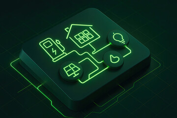 Smart home energy management concept with neon green glowing icons of house, solar panel, electric charging station, light bulb, and heart symbol on dark background