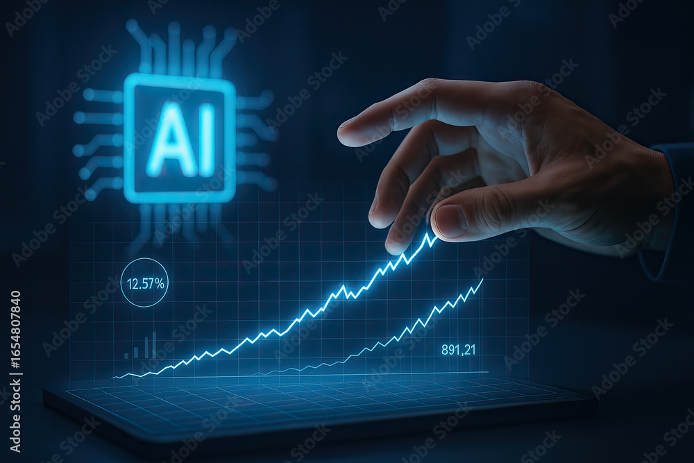 Poster artificial intelligence concept with glowing ai icon and hand interacting with futuristic digital gr
