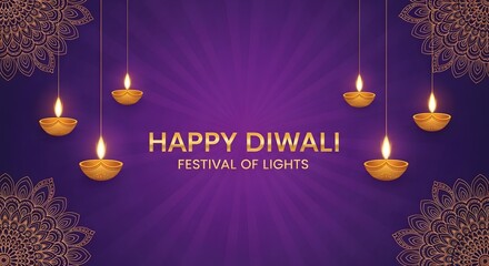 Happy diwali festival of lights greeting with hanging golden diyas and sparkling gold glitter on a vibrant purple background, symbolizing the joyous indian celebration