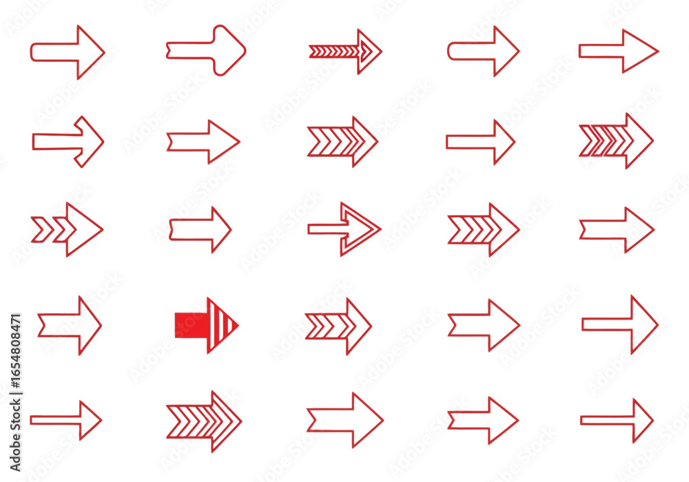 Poster collection of various red arrow icons indicating direction and movement, isolated on white backgroun