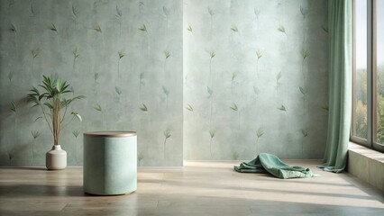 Serene Room Interior Design with a Pale Green Cylinder Table and Plant