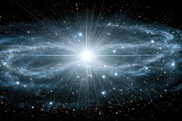 Bright star shining in galaxy with glowing spiral arms