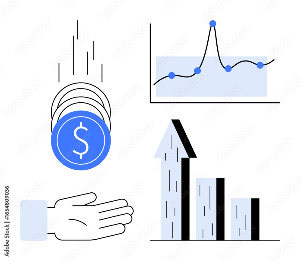 Poster coins dropping into open hand, bar chart with upward trend, and line graph highlighting data analysi