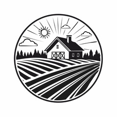 Farmhouse Field Natural Landscape Logo Design Vector image isolated on white background.